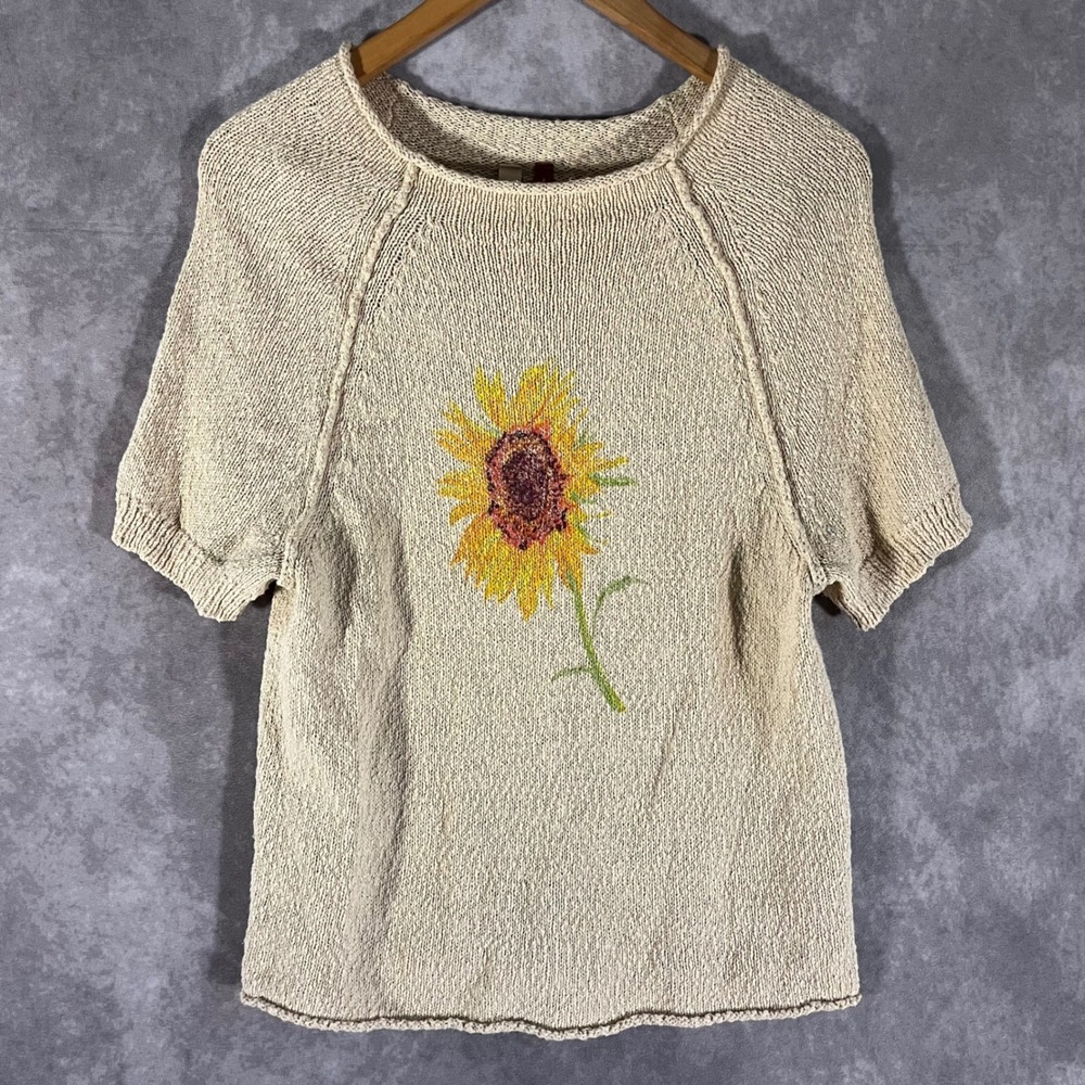 Pilcro Sunflower Knit Sweater Women S Beige Short Sleeve Raglan Anthropologie